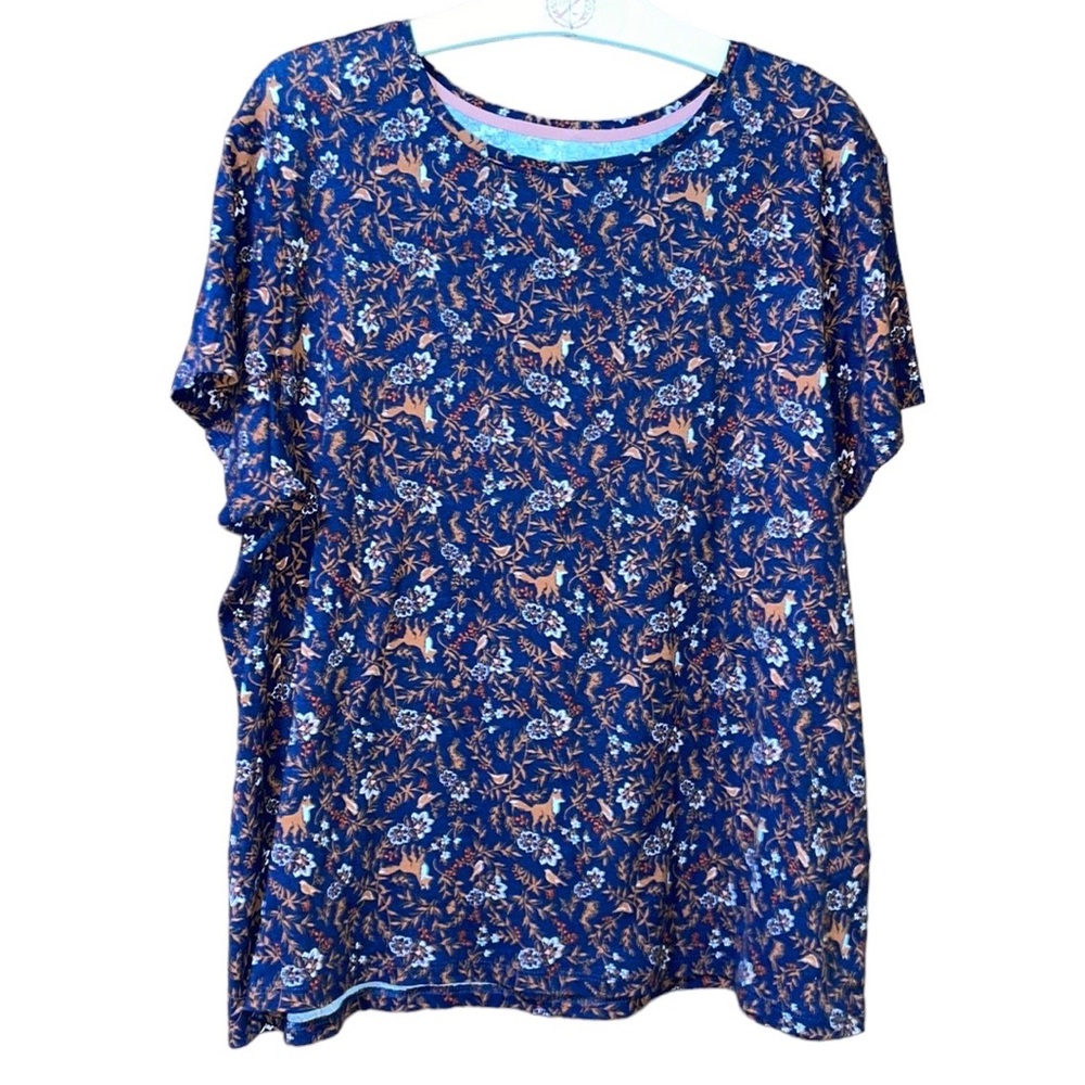 •CROFT&BARROW•NAVY FOREST FALL FLORAL SHORT SLEEVE CLASSIC CREW SHIRT SIZE PXXL